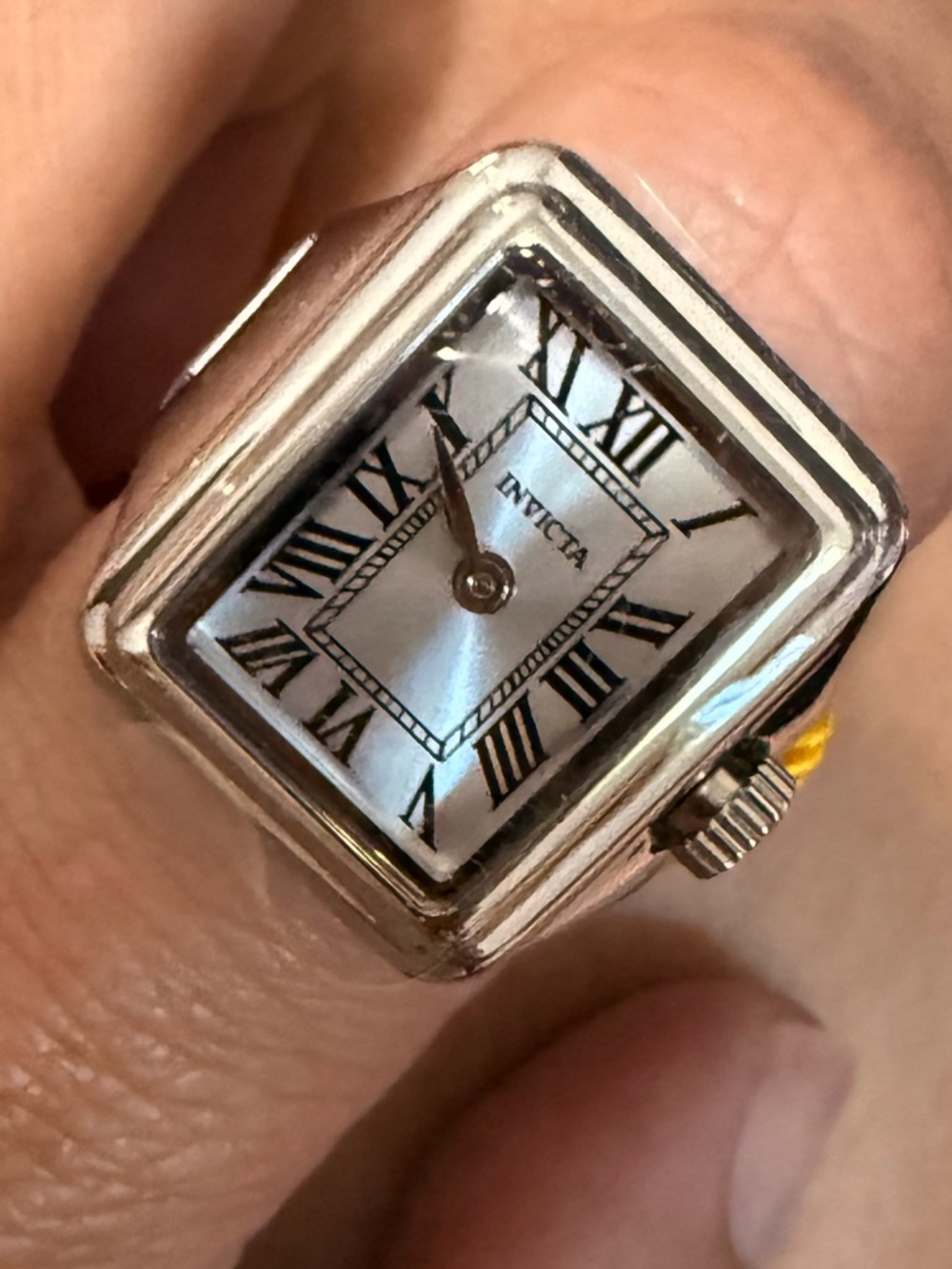 Invicta Silver Rectangular Roman Numeral Dial Ring Watch